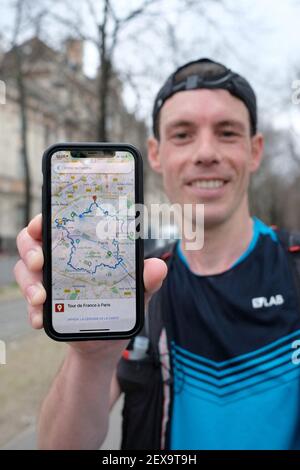 Laurent Thillaye du Boullay finishes his marathon challenge of running around the map of France using the GPS Drawing in Paris, France, on March 04, 2021. Photo by Aurore Marechal/ABACAPRESS.COM Stock Photo