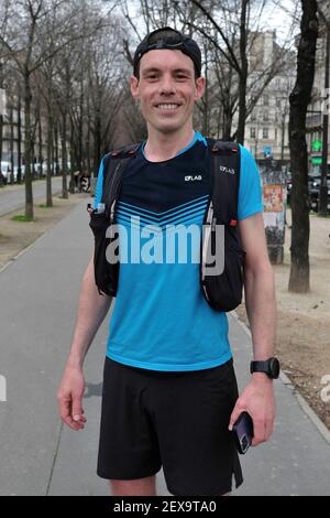 Laurent Thillaye du Boullay finishes his marathon challenge of running around the map of France using the GPS Drawing in Paris, France, on March 04, 2021. Photo by Aurore Marechal/ABACAPRESS.COM Stock Photo