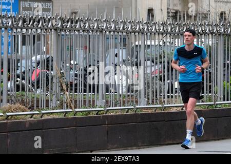 Laurent Thillaye du Boullay finishes his marathon challenge of running around the map of France using the GPS Drawing in Paris, France, on March 04, 2021. Photo by Aurore Marechal/ABACAPRESS.COM Stock Photo