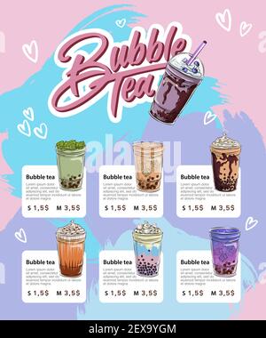 bubble tea menu, Vietnamese tapioca pearl tea, shake fruit jelly topping tea, drink, pouring, boba juice and more. Stock Vector