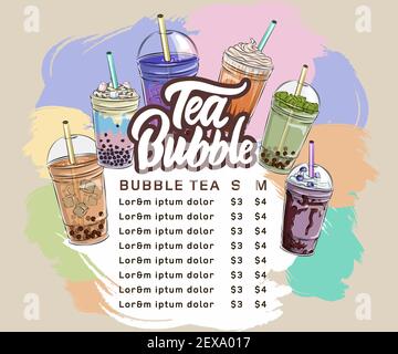 bubble tea menu, Vietnamese tapioca pearl tea, shake fruit jelly topping tea, drink, pouring, boba juice and more. Stock Vector