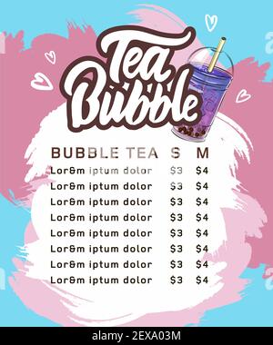 bubble tea menu, Vietnamese tapioca pearl tea, shake fruit jelly topping tea, drink, pouring, boba juice and more. Stock Vector