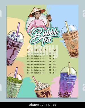 bubble tea menu, Vietnamese tapioca pearl tea, shake fruit jelly topping tea, drink, pouring, boba juice and more. Stock Vector