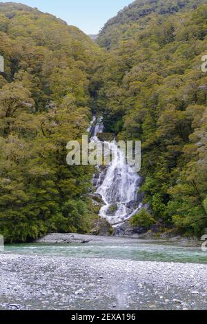 Scenery with waterfall around the Aoraki, also called Mount Cook, the highest mountain in New Zealand Stock Photo