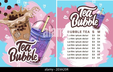 menu design and flyers Thai pearl bubble tea menu for your cafe with bubble tea drinks design for vietnamese tea business print set Stock Vector