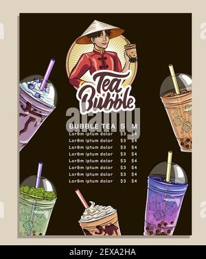 bubble tea menu, Vietnamese tapioca pearl tea, shake fruit jelly topping tea, drink, pouring, boba juice and more. Stock Vector