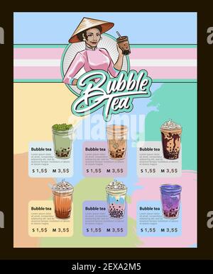 bubble tea menu, Vietnamese tapioca pearl tea, shake fruit jelly topping tea, drink, pouring, boba juice and more. Stock Vector
