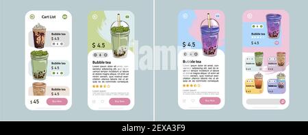 a phone app for ordering drinks with Thai tea with pearl tapioca bubbles, A mobile app UI design for an imaginary bubble tea brand - Bubba Stock Vector