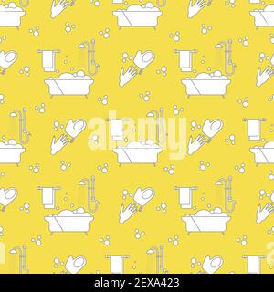 Vector seamless pattern Bath, shower, washcloth, hand, bubbles, towel, hanger on white background. Bathtub. Bathroom set, washing, bathing, cleanlines Stock Vector
