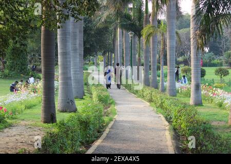 People in Nehru Park, New Delhi. Beautiful flowers blooming during the spring season. Stock Photo