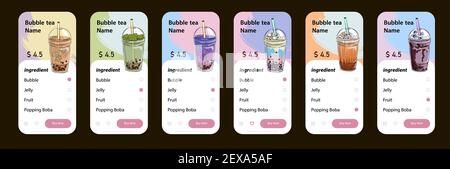 bubble tea menu, Vietnamese tapioca pearl tea, shake fruit jelly topping tea, drink, pouring, boba juice and more. Stock Vector