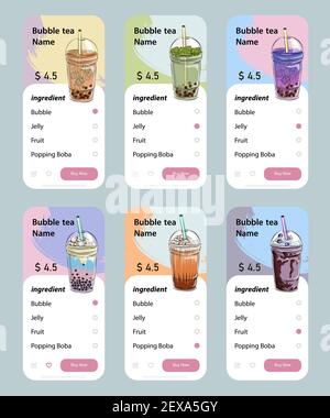 bubble tea menu, Vietnamese tapioca pearl tea, shake fruit jelly topping tea, drink, pouring, boba juice and more. Stock Vector