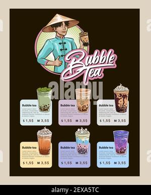 bubble tea menu, Vietnamese tapioca pearl tea, shake fruit jelly topping tea, drink, pouring, boba juice and more. Stock Vector
