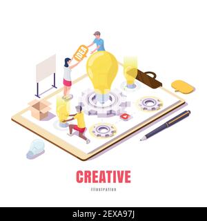 young people working on new ideas vector isometric illustration Stock Vector