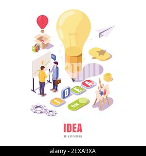 banner Idea lamp Pencil. The collaboration of creative people. Vector 3d isometric. Creative illustration design. Stock Vector