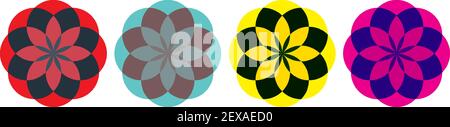 Geometric swirl twirl whirl elements set of 4 in red, blue, yellow, purple, pink, black color Stock Vector