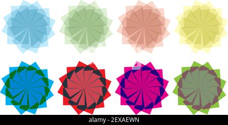 Geometric swirl twirl whirl elements set of 8 in blue, red, black, purple, yellow, sunset, green color Stock Vector