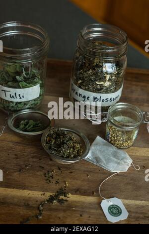 Dried Herbs and Flowers for Tea Formulating Stock Photo