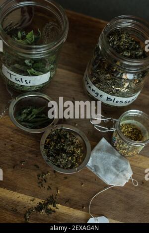 Dried Herbs and Flowers for Tea Formulating Stock Photo