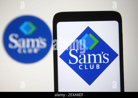 Ukraine. 4th Mar, 2021. In this photo illustration a Sam's Club logo of a US chain of membership-only retail warehouse clubs is seen on a smartphone and a pc screen. Credit: Pavlo Gonchar/SOPA Images/ZUMA Wire/Alamy Live News Stock Photo