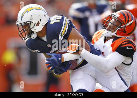 San Diego Chargers Keenan Allen (13) and Eddie Royal (11) celebrate Royal's  29 yard TD pass from Phillip Rivers in front of Oakland Raiders defender  Usama Young (26) in the first quarter