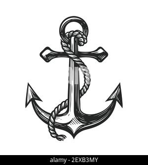 Anchor with rope symbol. Nautical concept sketch vector illustration Stock Vector