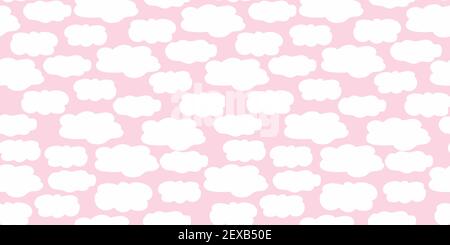 Cute vector border with hand drawn irregular fluffy clouds on pink background. Seamless banner with irregular cloud shapes. Dense design of Stock Vector