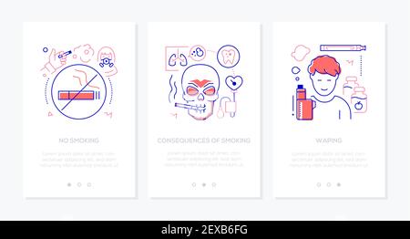 Quit smoking - line design style web banners with copy space for text. Health problems idea. Consequences of a bad habit, vaping, stop sign illustrati Stock Vector