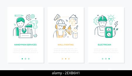 Repair works - line design style web banners with copy space for text. Handyman services, wall painting, electrician illustrations. Images of workers, Stock Vector