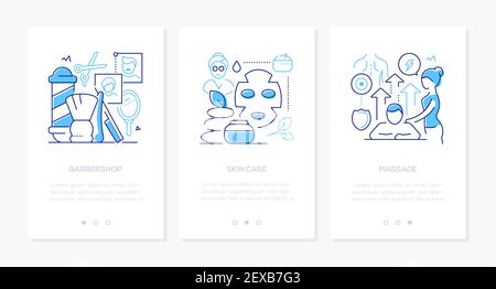 Beauty and wellness - vector line design style web banners with copy space for text. Barbershop, skin and body care, massage illustrations. Hair salon Stock Vector