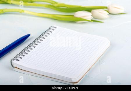 Soft focus notepad with checkered sheets and blurred tulips in the background. Focus on the sheet of notepad. Copy space. Stock Photo