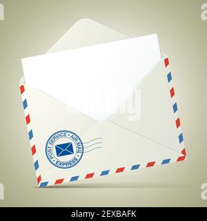 Opened envelope with a blank letter inside, postal service stamp, and red and blue stripe, standing on a khaki color background. Mail envelope vector mockup. Stock Vector
