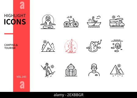 Camping and tourism - modern line design style icons set. Vacation and traveling idea. Medical, ski and bicycle touring, road trip, tent, diving, moun Stock Vector