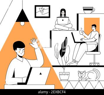 Business online - modern flat design style illustration with line elements. A colorful composition with managers working remotely from home, sitting a Stock Vector