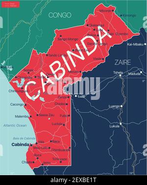 Cabinda country detailed editable map with regions cities and towns, roads and railways, geographic sites. Vector EPS-10 file Stock Vector
