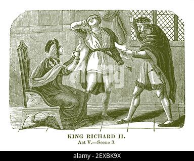 An 1834 engraving depicting a scene (Act V Scene 3) from William Shakespeare's play, 'King Richard II', digitally colorized. Stock Photo