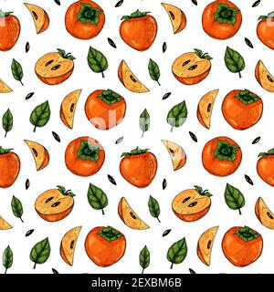 Colorful seamless pattern with hand drawn persimmon fruits and slices. Vector illustration in colored sketch style. Stock Vector