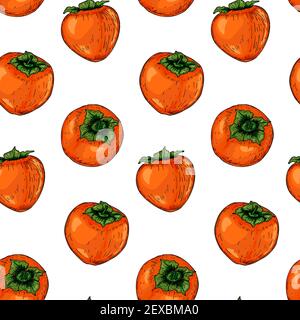 Colorful seamless pattern with hand drawn persimmon fruits. Vector illustration in colored sketch style. Stock Vector