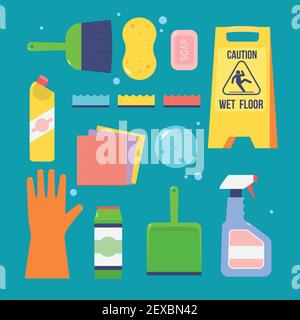 Cleaning service icon template. Cleaning set flat icon. Cleaning company design element for web, banner, shop. Cartoon cleaning illustration.  Stock Vector