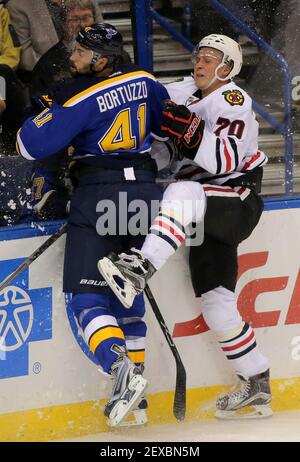 St. Louis Blues' Robert Bortuzzo in action during the first period of a  preseason NHL hockey game against the Columbus Blue Jackets Thursday, Sept.  29, 2022, in St. Louis. (AP Photo/Jeff Roberson