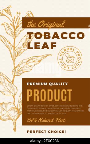 The Original Tobacco Leaf Abstract Vector Design Label. Modern Typography and Hand Drawn Plant Branch with Leaves Sketch Silhouette Background Layout Stock Vector