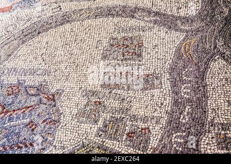 Part of the famous mosaic map of the Holy Land on the floor of St.George's Church in Madaba, Jordan. Stock Photo