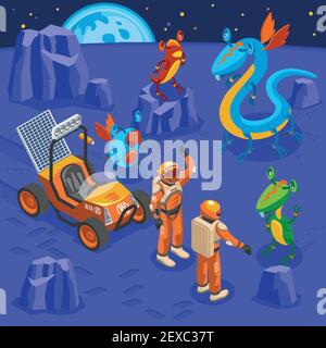 Aliens isometric background astronauts on unknown planet and big eyed monsters around vector illustration Stock Vector