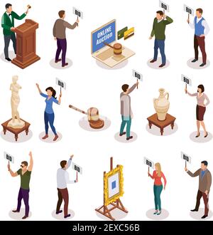 Isometric auction isolated icon set with different elements of bid ...
