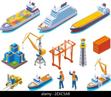 Seaport colored isometric icon set with isolated boats cranes ships and workers vector illustration Stock Vector