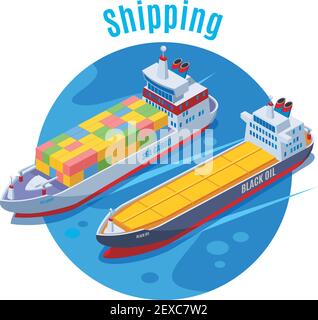 Round seaport isometric background with two logistic ship on blue fond and big headline shipping vector illustration Stock Vector