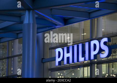 A logo sign outside of the headquarters of Koninklijke Philips N.V. in ...