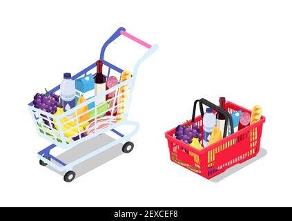 Isometric Grocery cart and basket Stock Vector