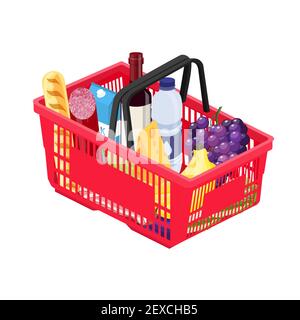 Isometric red plastic shopping basket Stock Vector