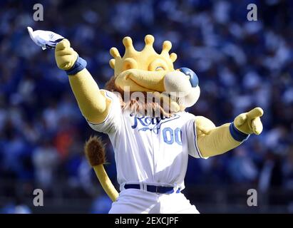 Kansas City Royals mascot Sluggerrr waves a flag before a baseball game  against the Cleveland Guardians in Kansas City, Mo., Sunday, April. 10,  2022. (AP Photo/Colin E. Braley Stock Photo - Alamy